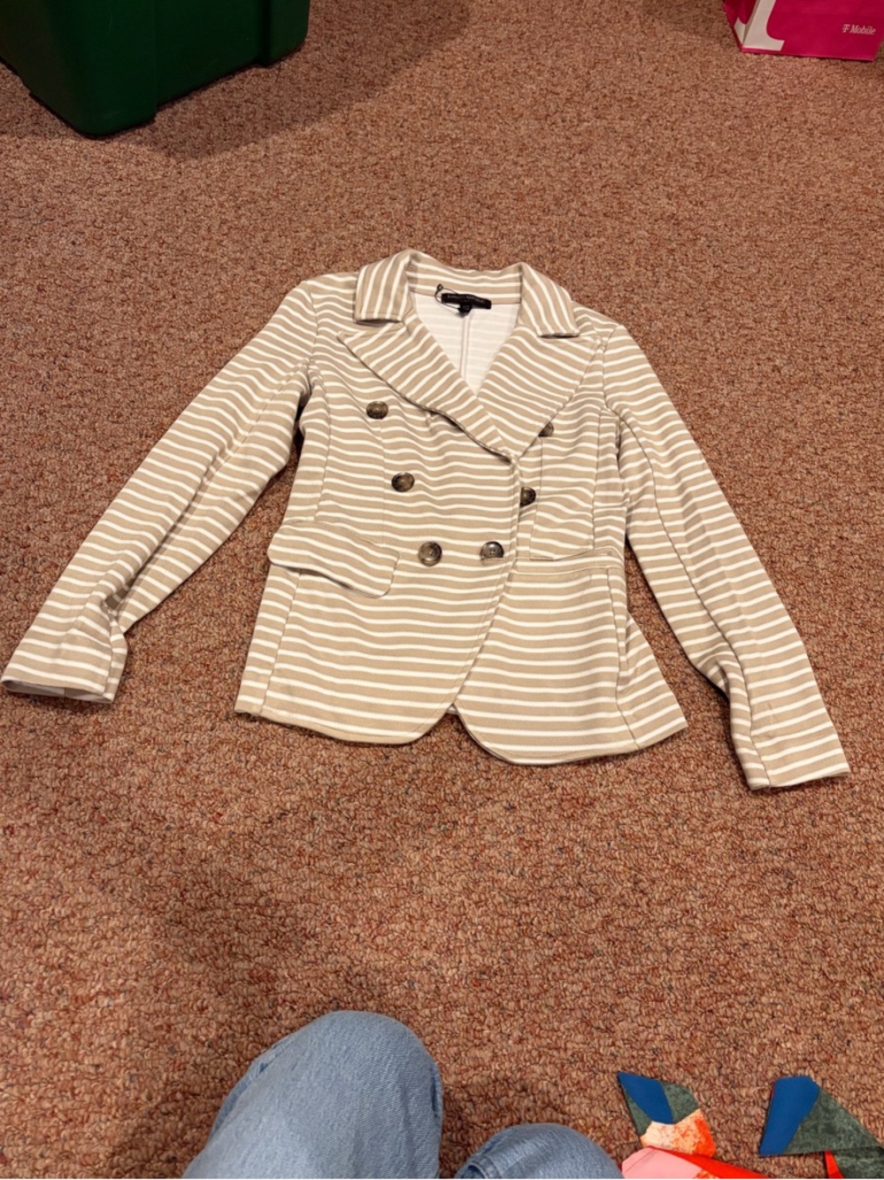 Banana Republic Beige and White Striped Double-Breasted Blazer